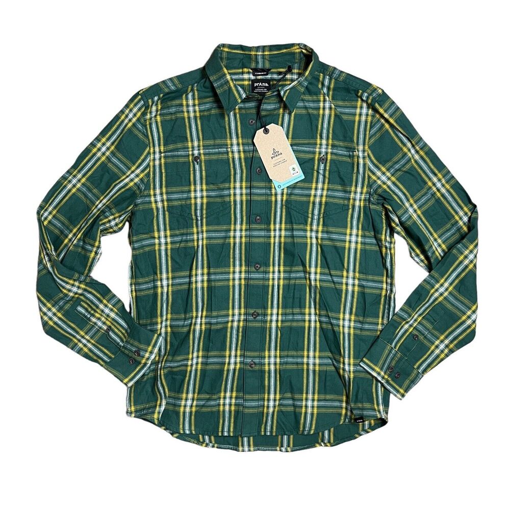 prAna Shirt Mens S ST Green Pine Dolberg Flannel Plaid Organic Cotton Button Up